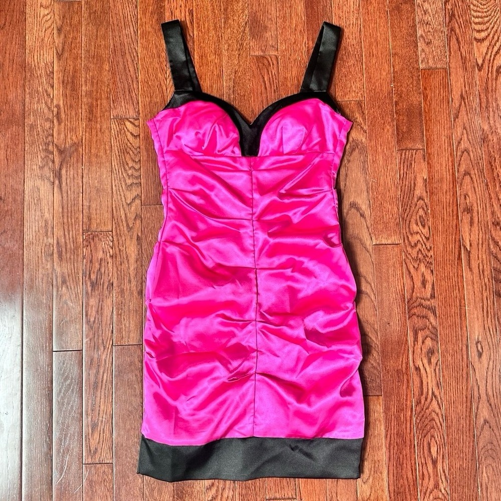 Speechless Hot Pink Black Satin Ruched Date Night Out Sexy Cocktail Dress Small